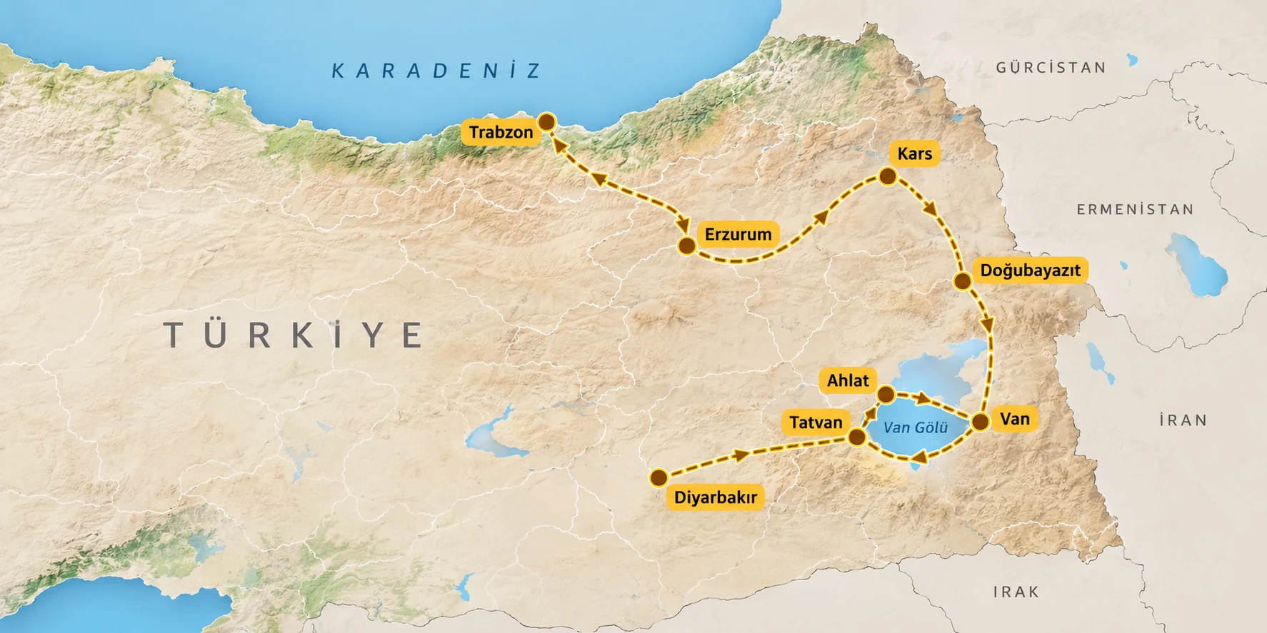 Ruta putovanja: Diyarbakır, Tatvan, Ahlat, Van, Doğubayazıt, Kars, Erzurum, Trabzon